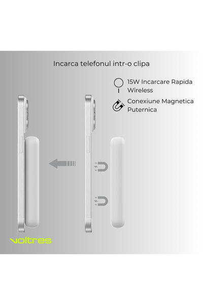 Voltres Ασύρματο Power Bank MagSafe, 10000 mAh, Αλουμίνιο, Λευκό