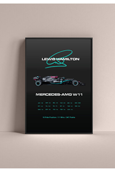 Wooden Factory Lewis Hamilton Mercedes F1 Siyah Çerçeveli Poster Tablo - Dijital Tasarım Duvar Dekoru