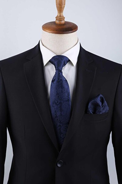 Kravatkolik Lacivert Şal Desen Mendilli Klasik Kravat KK13123