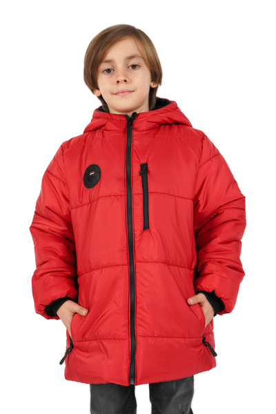 QAWWA Erkek Çocuk Kırmızı Elyaflı Kapüşonlu Rüzgar Geçirmez Şişme Kışlık Mont