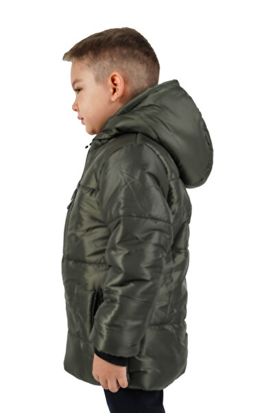 QAWWA Erkek Çocuk Haki Elyaflı Kapüşonlu Rüzgar Geçirmez Şişme Kışlık Mont