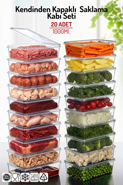 Nandy Home مجموعة سعة 1 لتر مكونة من 20 قطعة - حاوية تخزين مناسبة للفريزر العميق بغطاء ذاتي