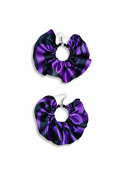 maia Mor Siyah Desenli Saten kumaş Siyah Boncuklu Tasarım Halka Sallantılı Küpe