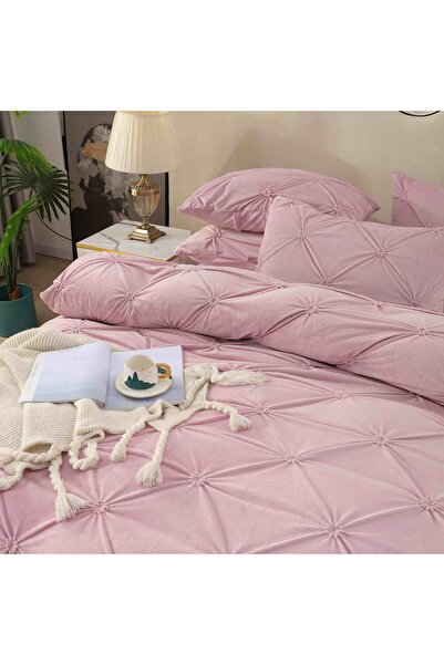 JOJO HOME Double bed linen set, velvet, with pleats, with elastic, 4 pieces, Pink