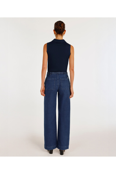 Yargıcı Örgü Kemer Detaylı Yüksek Bel Geniş Paça Denim Pantolon