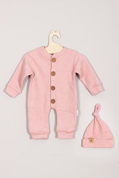 ADABEBEK 100% Cotton Wooden Buttoned Ribbed Hat Baby Romper
