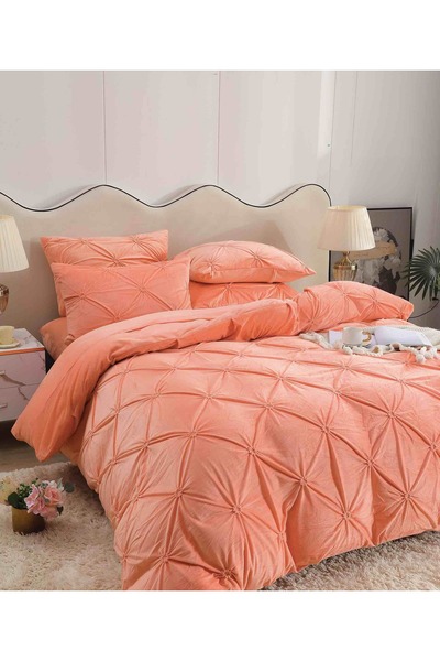JOJO HOME Double bed linen set, velvet, pleated, with elastic, 4 pieces, Peach