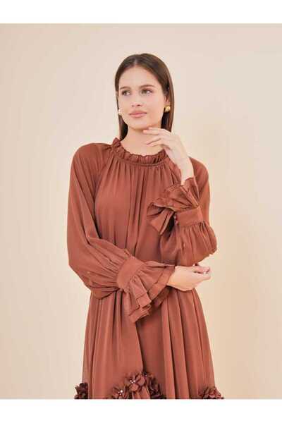 SERPİL Volan ve Çiçek Detaylı Şifon Uzun Elbise 50411