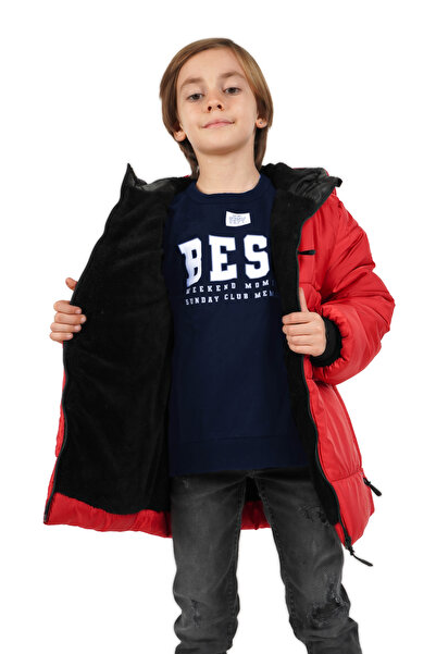 QAWWA Erkek Çocuk Kırmızı Elyaflı Kapüşonlu Rüzgar Geçirmez Şişme Kışlık Mont