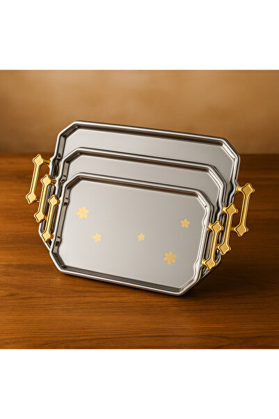 Dania Roshen Rectangular Metal Tray Set, Decorated with Gold Nickel, 3 Pieces