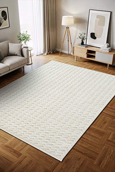 Karmen Halı Wool WL009A Beyaz Modern Desen Kabartmalı Doku Pamuk Tabanlı Kaym...