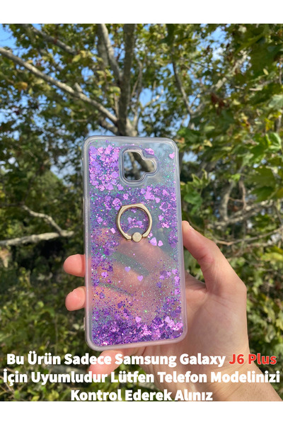 GtTech Samsung Galaxy J6 Plus Uyumlu Sulu Simli Yüzüklü Standlı Parlak Silikon Kılıf Mor