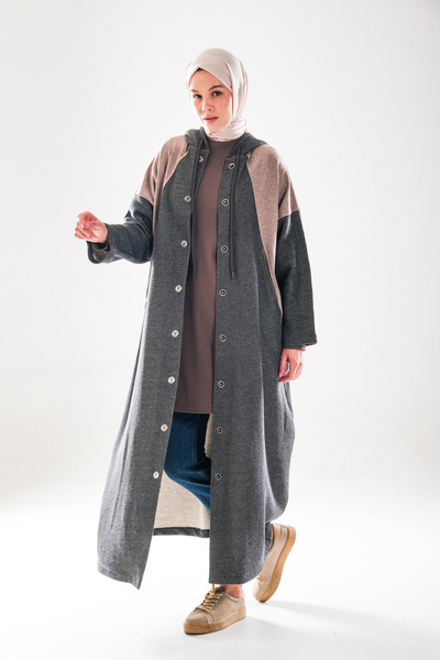 Plistre 2275_Kadın Spor Oversize Kapüşonlu Çıtçıtlı 3 İplik Uzun Kap – Mevsimlik Tesettür Pardesü