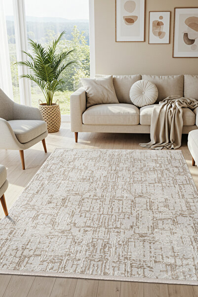 Karmen Halı Best 116A Beyaz Bej Modern Desen Parlak İnce Makinada Yıkanabilir...