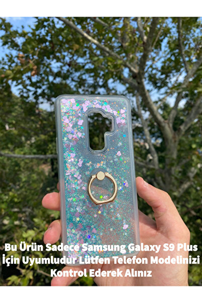 GtTech Samsung Galaxy S9 Plus Uyumlu Sulu Simli Yüzüklü Standlı Parlak Silikon Kılıf Yeşil