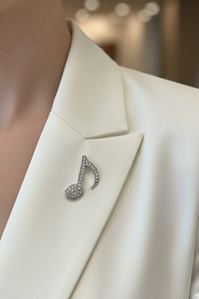 Modex Gümüş Rengi Taş Detaylı Müzik Nota Broş (3cm)