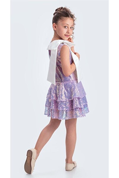 Mnk Baby&Kids Yaka Fiyonk Işıltılı Pul Payet Kumaş Kız Çocuk Abiye Elbise M00702 Lila