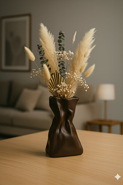 TACTIC Modern Brown Stone Vase |   Curved Bag Design Living Room Decoration (17X11 cm)