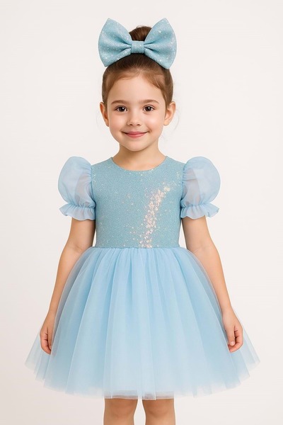 Mnk Baby&Kids Balon Kol Pul Payet Kız Çocuk Tütü Elbise M00751 MAVİ
