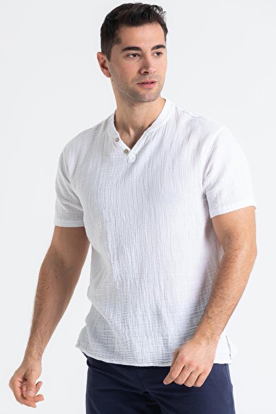 Eliş Şile Bezi Ανδρικό μπλουζάκι με κοντό μανίκι, καλοκαιρινό μουσελίνα, λευκό Byz