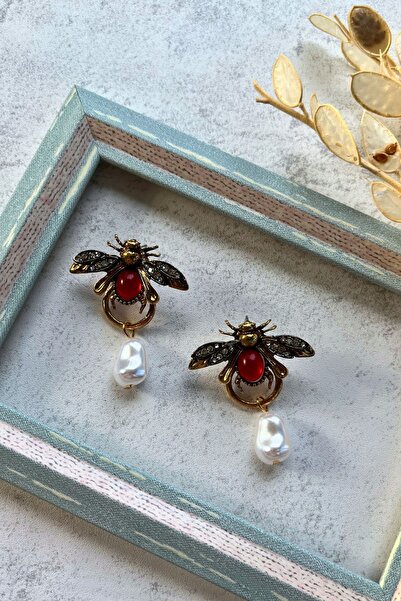Meva Takı ve Aksesuar Red Beaded Bee Earrings I Mev'Art Collection