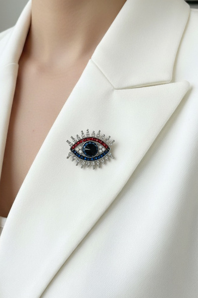 Modex Gümüş Rengi Taş Detay Küçük Göz Broş (2cm)