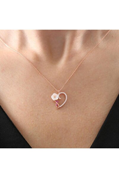 Mia Vento Kalp Demeti Manolya Çiçeği Rose Renk Flowers Gümüş Kolye