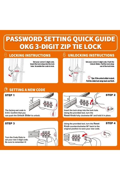 Lumely 2 Pack Zip Tie Lock,3-Digit Combo Adjustable Bike Lock,Ideal for Refrigerator Fridge Gate Bike