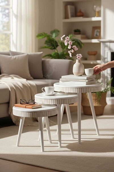 Akabesan Aksesuar Beyza Serisi İskandinav Tasarım Üst Kalite Ahşap Kayın Ağacından Beyaz 3'Lü Zigon Sehpa