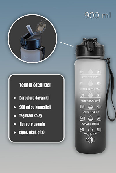 DMR Siyah Motivasyon Su Matarası 900 ml Sızdırmaz | Spor, Okul, Ofis Ve Günlük Kullanım