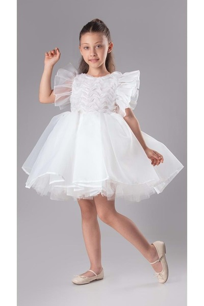 Mnk Baby&Kids Maronia Kız Çocuk Prenses Model Abiye Elbise - M00746 BEYAZ