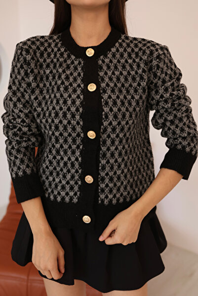 AURRARİ Γυναικεία Μαύρη Γκρι Πλεκτή Ζακέτα με Λεπτομέρεια Χρυσού Κουμπιού και...