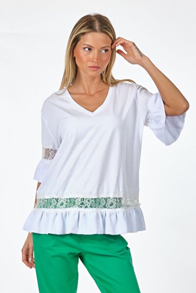 Unıquemode Unique Mode V-Neck Sleeve Detailed Ecru Women's 100% Cotton T-shirt Us212017