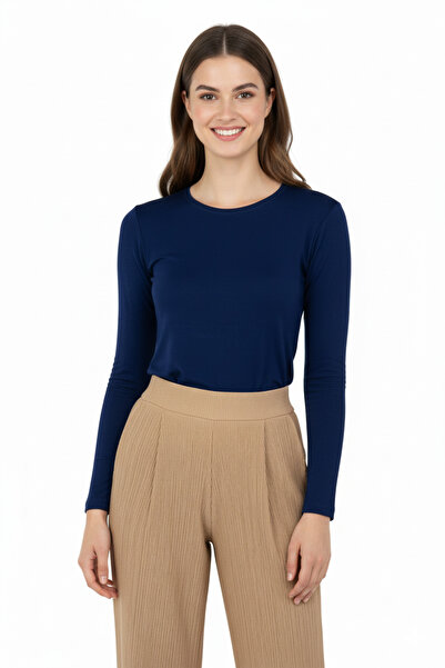 Oppland Kadın Düz Renk Yuvarlak Yaka Uzun Kol Darkesim Bedene Oturan Likralı Turlu Viskon Kumaş Badi