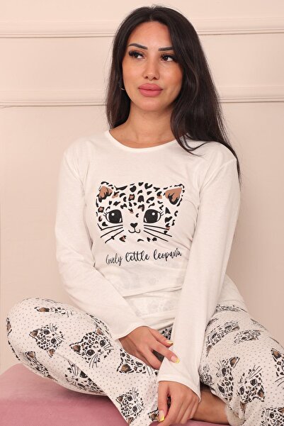 Niket Life Kadın Leopar Desenli ve Sloganlı Altı Desenli Bisiklet Yaka Uzun Kol Altı Uzun Penye Pijama Takımı