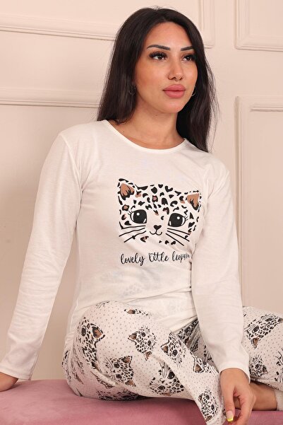 Niket Life Kadın Leopar Desenli ve Sloganlı Altı Desenli Bisiklet Yaka Uzun Kol Altı Uzun Penye Pijama Takımı