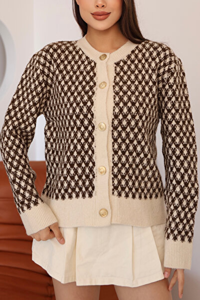 AURRARİ Γυναικεία Μπεζ καφέ πλεκτή ζακέτα με λεπτομέρεια με χρυσά κουμπιά και...
