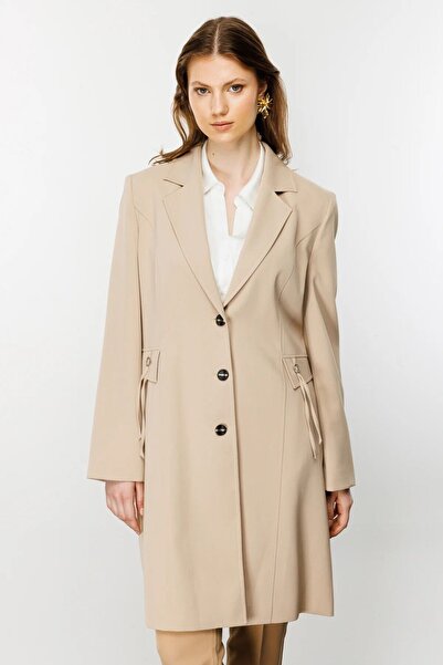 Ekol Plus Size Buttoned Camel Women's Top Coat 24Ekl06542