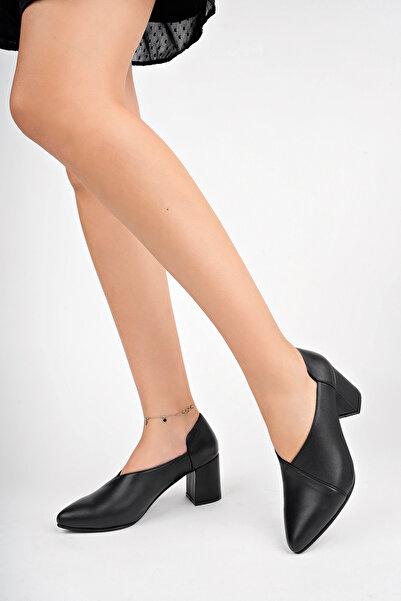 Deripabuc Hakiki Deri Siyah Kadın Topuklu Deri Ayakkabı Shn-0865