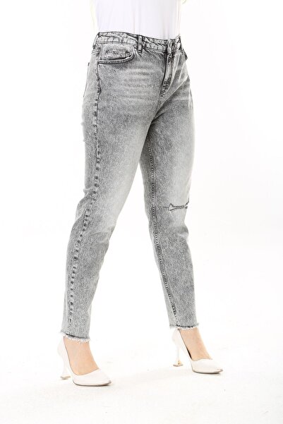 Şans Gray Washed Effect Ripped Detail Large Size Jeans - 65N37915