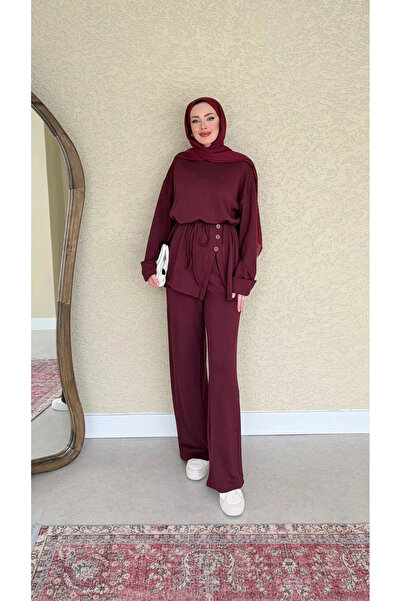 DEFNECE BUTİK Side Button Suit - Burgundy