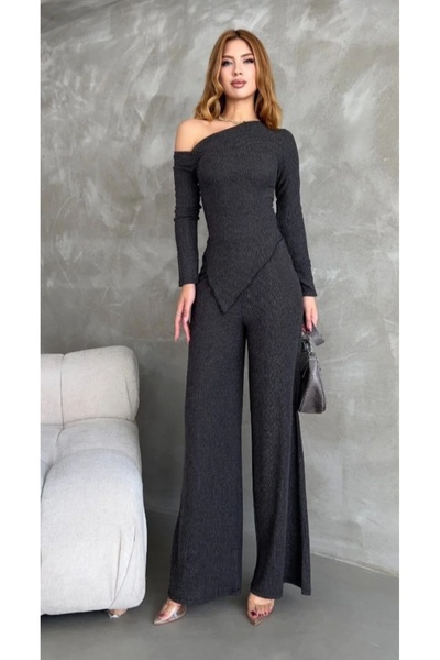 GenelTedarik Anthracite Women's Top and Bottom Off-The-Shoulder Pants - Blouse Set