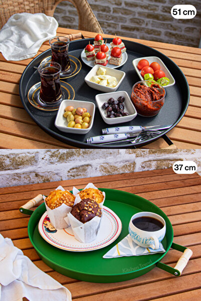 kitchen trend 51 سم أسود 37 سم أخضر 2 قطعة صينية معدنية مستديرة صينية تقديم صينية الشاي والقهوة