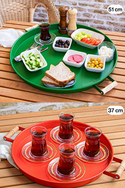 kitchen trend 51 Cm Yeşil 37 Cm Kırmızı 2 Li Metal Yuvarlak Tepsi Sunum Tepsisi Çay Kahve Tepsisi
