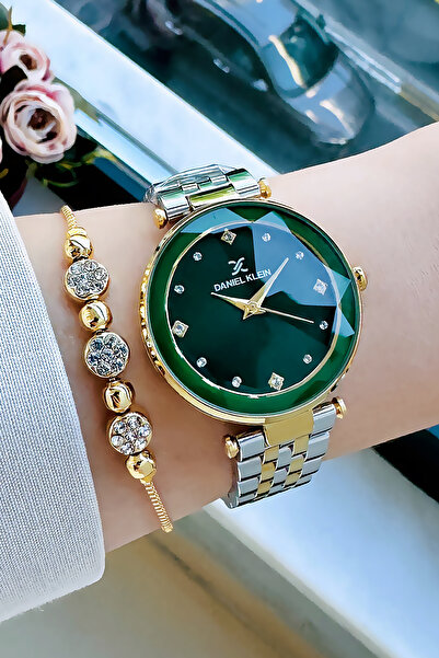 Daniel Klein Cutting Glass Waterproof Women Wristwatch Green Color Steel Band Gift Bracelet Dkby2034C9