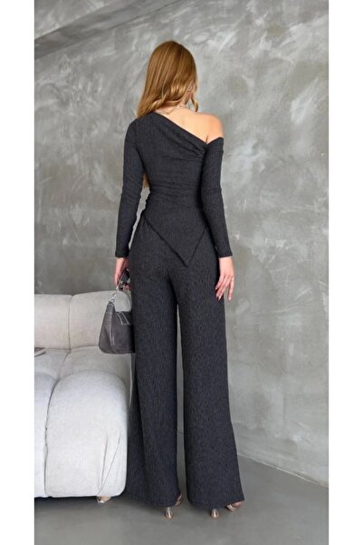 GenelTedarik Anthracite Women's Top and Bottom Off-The-Shoulder Pants - Blouse Set