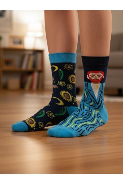 AKSU ÇORAP جوارب منقوشة على شكل فان جوخ من الجانب الأيمن والأيسر