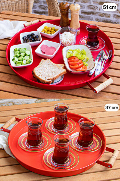 kitchen trend 2 قطعة صينية معدنية مستديرة حمراء مقاس 51 سم و 37 سم بمقابض خشبية، صينية تقديم للإفطار