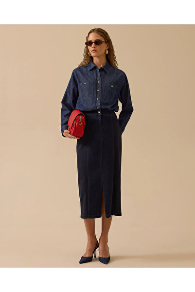 SEÇİL تنورة جينز بتفاصيل شق مزدوج من القماش