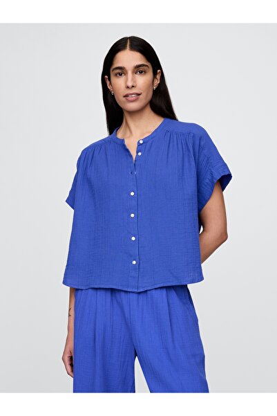 GAP Kadın Mavi Crinkle Gauze Gömlek